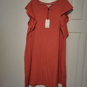 Stylish Coral Midi Dress with Ruffle Sleeves